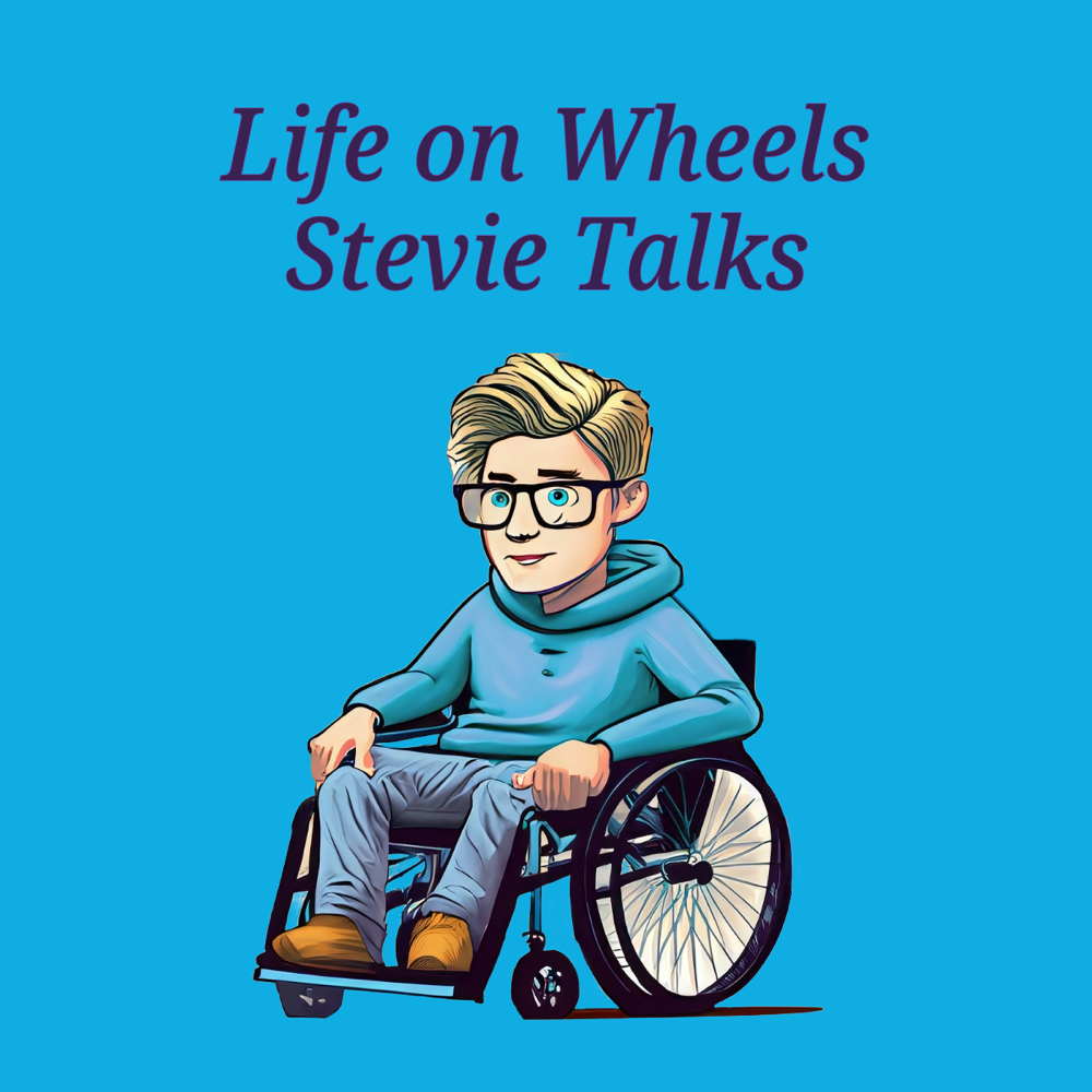 New Logo for my blog, Stevie sat in his wheelchair portrayed as a caricature